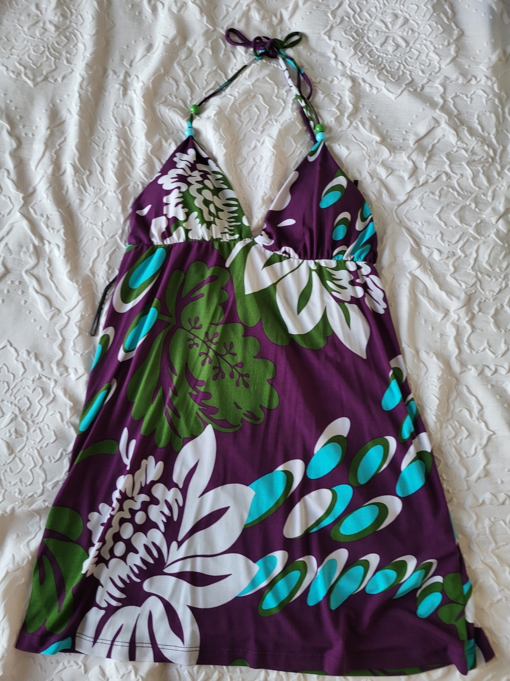 Purple Floral Halter Dress with Aqua & Green Accents